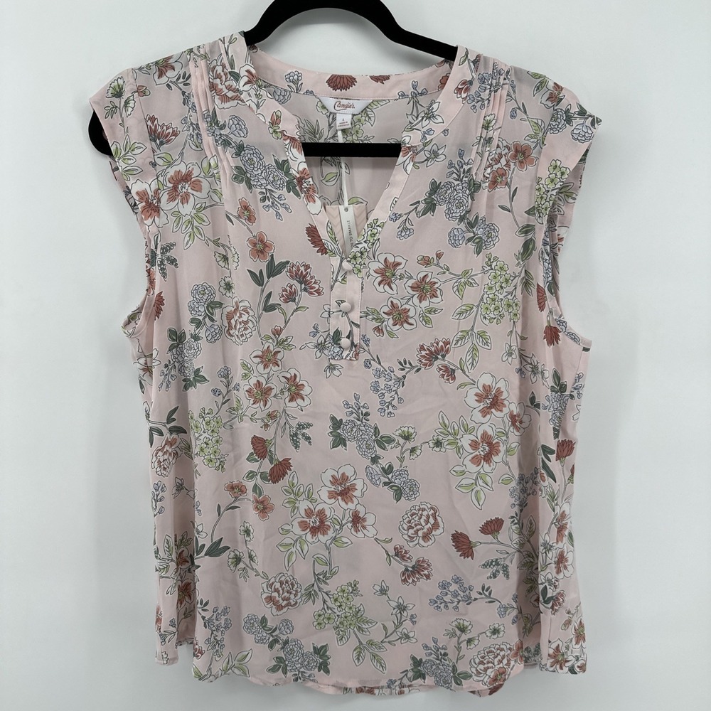 CANDIE'S Pink Floral V Neck Cap Sleeve Pin Tuck Accent Women's Sz Large NEW